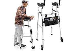 FINITYPRO Gehhilfe für Senioren Höhenverstellbarer Gehwagen für Senioren mit Armauflage-Aufrechter Rollator mit Kugellagerrollen, Gehhilfe mit Tasche, komfortable PU-Polster, Folding Walking Frame with Wheels