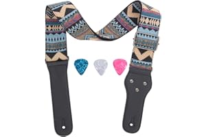 Rufun Gitarrengurt Retro Jacquard Weave Zubehör Einstellbare Länge für Basse E-Gitarre Akustische Gitarre, 3 Picks enthalten