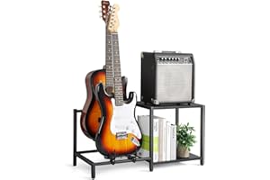 Bikoney Soporte para Guitarra de 2 Niveles con Estante para Amplificador – Soporte Ajustable para Varias Guitarras y Accesorios, Soporte para Guitarra para Estudio, Hogar o Escenario – Negro