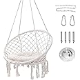 Zenzres Hammock Chair, Hanging Swing with Macrame and Cushion, Max 330 Lbs, Beige Hanging Cotton Rope Chair for Indoor, Outdoor, Bedroom, Patio, Yard, Deck, Garden and Porch