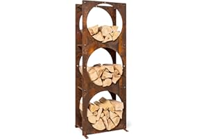 blumfeldt Trio Circulo Wood Storage - Wood Store, 3 mm Steel Shelf, Weather-Resistant, Suitable for Indoors and Outdoors, with 3 Storage Compartments, Dimensions: 55 x 160 x 30 cm, Rust Look