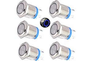 RUNCCI-YUN 6pcs 12V-24V 12mm Rond interupteur Push étancheBouton Poussoir Momentané LED Bouton Poussoir Metal Mini interupteur Push pour Voiture Camion Sonnette (Tête Plate)(LED Bleue)