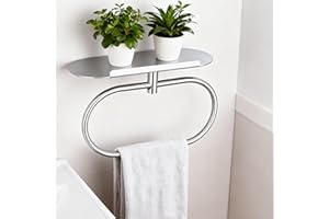 DIYZON Towel Ring with Shelf, Stainless Steel Bath Towel Rings, Self Adhesive Hand Towel Ring for Bathroom, Wall Mounted Towel Hanger for Bathroom Kitchen (Silver)