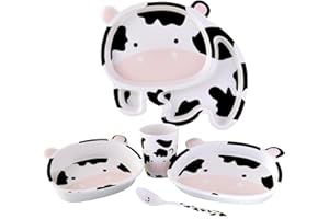 GOOD FRIENDS, GOOD LIFE Tablett und Teller für Babys und Kleinkinder in Tierform - Kindergeschirr-Set - Pack mit 3 Tellern + Becher und Besteck (Kuh)