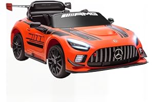 AIYAPLAY Coche Eléctrico para Niños, Mercedes-AMG GT3 EVO, Coche de Batería 12V, con Mando a Distancia 2,4 G, Motor Doble, Ruedas Auxiliares, Asa de Arrastre, Música Inalámbrica, Faros, Naranja