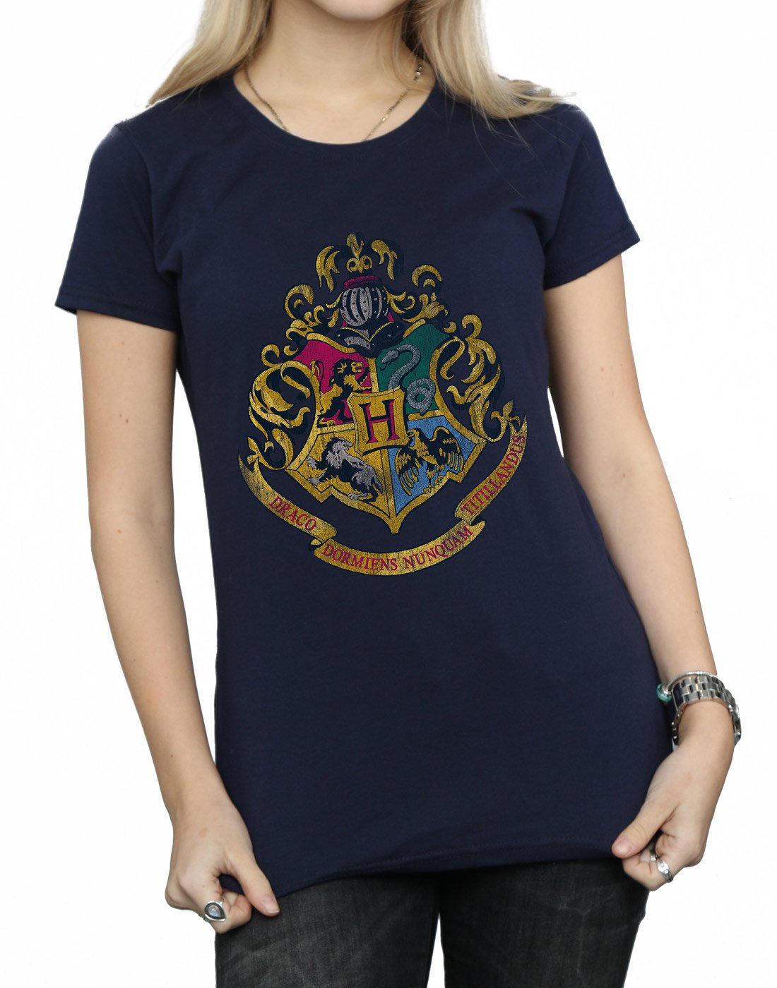 HARRY-POTTER-Damen-Hogwarts-Distressed-Crest-T-Shirt-Medium-Marine