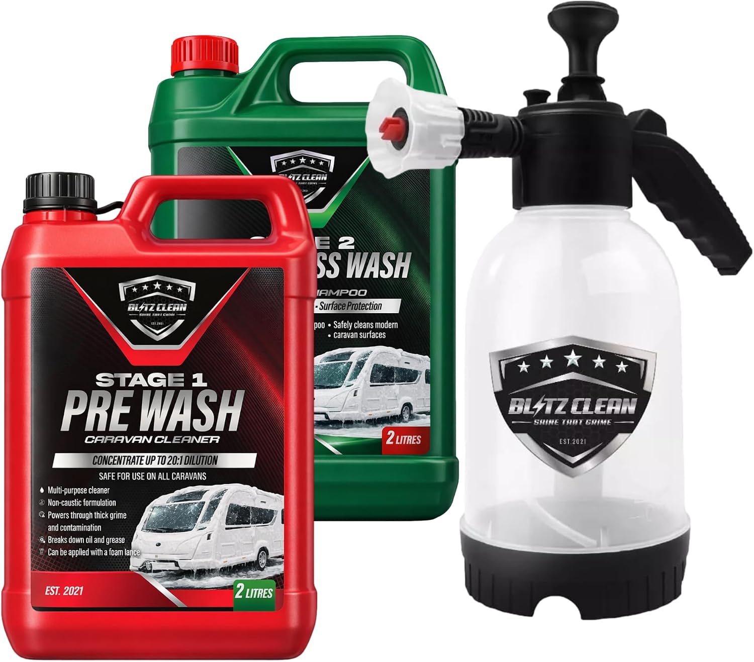 Concentrated Caravan Cleaning Kit with Pump Handheld Sprayer – Stage 1 Pre Wash Cleaner & Stage 2 Super Carnauba Wax Shampoo, Exterior Cleaning for Caravans & Motorhomes(2L Stage 1/Stage 2 + Sprayer)