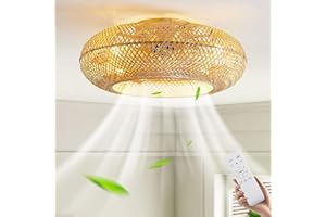 ‎MIIR Deckenventilator Mit Beleuchtung Und Fernbedienung Leise E27 Retro Bambus Deckenlampe Mit Ventilator 6-Gang Reversibler Motor Deckenventilatoren Für Wohnzimmer Schlafzimmer Esszimmer Beleuchtung