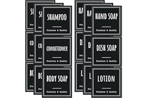 Segbeauty 18 Pièces Étiquettes Autocollantes Étanches pour Distributeurs de Savon de Salle de Bain, Jeu d'autocollants pour Bouteilles en Plastique/Verre, Tri des Distributeurs à Pompe, Carré Noir