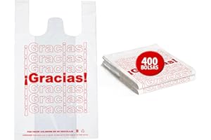 DAYMAND STORE | Bolsas de Plastico con Asas Modelo ¡GRACIAS! | VALUE PACK de 400 uds | Medida de la bolsa desplegada 40x50cm | Bolsas Aptas Uso Alimentario | Bolsas Plastico de Galga 50
