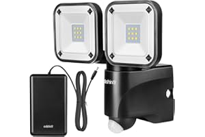 ‎EDISHINE EDISHINE Batterie LED Strahler mit Bewegungsmelder Außen, Kabelloser Batteriebetriebener Außenstrahler, Verstellbare Doppelte Lampenköpfe, IP44 Wasserdicht, 800 Lumen, 6000K für Garage, Hof