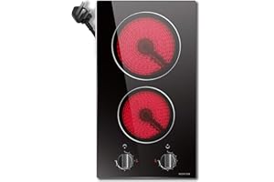 Noxton Plug in Ceramic Hob 2 Zone Knob Control with Black Glass 30CM Electric Hob, 2800W, 9 Power Levels