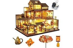 HVMABECK Japanese-Style Retro Villa Dollhouse Miniature with Furniture, DIY Wooden Dollhouse Kit with Music, 1:24 Scale Creative Room for Birthday Gift