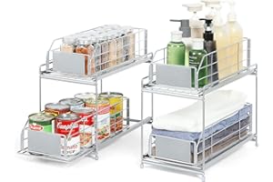 YBING Organizador de Almacenamiento Debajo del Fregadero de 2 Niveles, Stante de Almacenamiento Multiusos con Cestas Deslizantes, R800+R802+R803+R804 (Plateado)