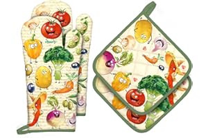 Arquiel Guanti Da Forno Presina Set Di 4, 100% Cotone Addensare Guanti Da Forno A Microonde, Presine Da Cucina Morbida Resistenti Al Calore Per Arrostire, Cuocere(Verdure Interessanti)