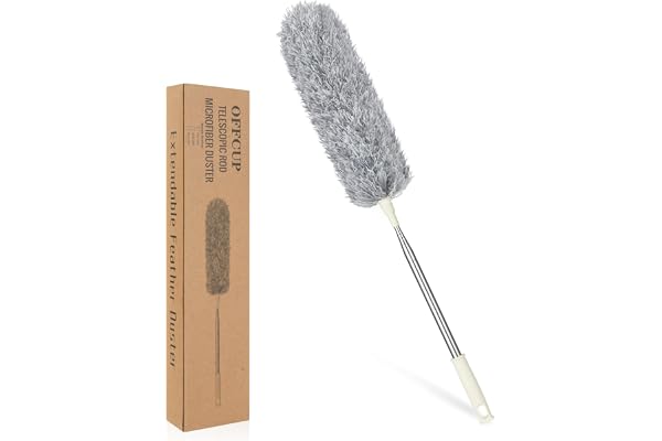 OFFCUP Plumeau télescopique en microfibre jusqu'à 243 cm de long, plumeau avec tige télescopique en acier inoxydable et lavable, balai d'angle flexible élimine la poussière sans effort pour les