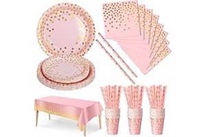 Nkaiso 126-Piece Rose Gold Party Tableware, Happy Everyday Decoration, Party Accessories, Birthday Paper Cups, Paper Plates, Napkins for Children's Birthday Party (25 Guests)