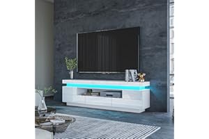 BESTWANTED TV Stand Cabinet Modern White Gloss TV Stand Unit with LED Lights 150CM, 5 Drawers, 1 Open Shelf and Hidden Top Storage Space, for Bedroom Living Room Home Furniture