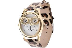 Hemobllo Cat Women's Watch - Cat Watches for Women Cute Women's Wristwatch Ladies Watches Leopard PU Leather Strap Quartz Watch