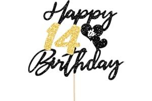 Gleevio Tortendeko 14 Geburtstag Junge Mädchen,Glitzer Kuchen Deko Geburtstag 14 Jahre Mädchen,Happy 14th Birthday Cake Topper,Torten Deko 14 Teenager,Kuchendeko14 Birthday,Weite 16cm Schwarz Gold