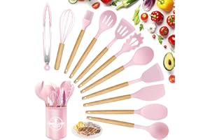 KAWAOLOGY Utensilios de Cocina de Silicona 12 Piezas, set di utensili da cucina per pentole antiaderenti, al Calor y Antiadherentes con Mango de Madera para Utensilios sin BPA (Rosa)