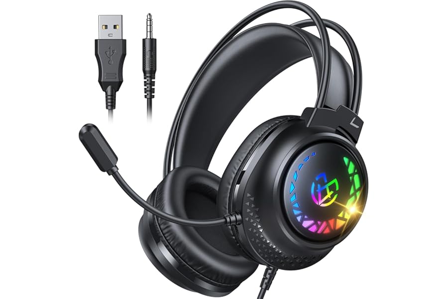 Tatybo Gaming Headset for PS4/PS5/PC/XboxOne/Switch, Headset with Microphone Double Headband Adaptive, 3D Atereal Sound, Lightweight Wired Headphones with RGB Light