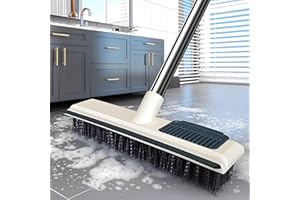 KATLKIU Brosse de sol avec manche long et lave-glace intégrée 2 en 1, tige réglable en acier de 113 cm, pour salle de bain, patio, garage, mur, piscine et cuisine, avec brosses de nettoyage
