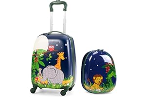 DREAMADE Valise Enfant 16" et Sac à Dos 12", Bagage à Main Coloré Filles et Garçons, Cabine Enfant avec Motif Zoo la Nuit, Valise Enfant Roulette avec 4 Roues Pivotante à 360°en Dessin (Zoo la Nuit)