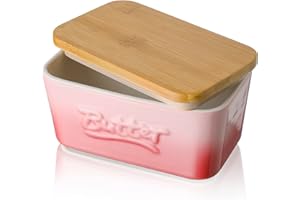 Mantequillera de Porcelana con Tapa de Madera, Henten Home Contenedor Grande para Mantequilla, Recipiente Hermética para Todo Tipo de Mantequilla(Rosa Sakura)