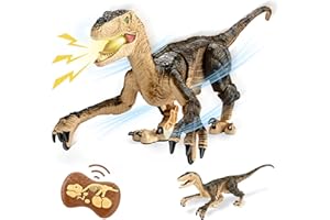 Lischwert Dinosauro giocattolo, Dino telecomando Velociraptor per bambini, movimenti realistici a piedi Luci LED Dinosauro che cammina e ruggisce realistico