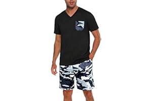 Marvmys Pigiama Uomo Estivi Corto Cotone Leggero Pigiami Due Pezzi Scollo a V Maniche Corte T-Shirt con Tasca sul Pettoe Pantaloncini Mimetici S-3XL