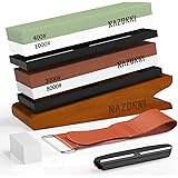 Razorri Abziehsteine Set, doppelseitig 400/1000 und 3000/8000 Grit Schleifsteine mit Abrichtstein, Winkelführung, Bambusbasis