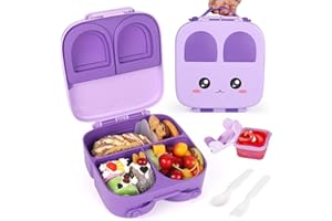 Glovios Bento Box Kinder, Brotdose Kinder Mit Fächern und abnehmbarem Teiler,1400ML Lunchbox Kindergarten,Bento Box Mädchen,mit Tragegriff/Saucenglas/Löffel & Gabel (Lila)