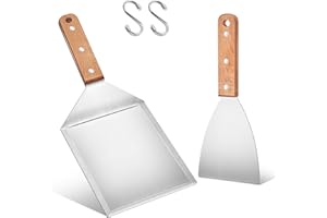 Herogo Grillspachtel Set, 2 Stück Edelstahl Plancha Spachtels und Groß Grillwender für Smash Burger, Teppanyaki, BBQ Zubehör, Grill Geschenke für Männer, Spülmaschinenfest - Holzgriff