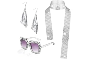 HEAWAA 3 Pièces d'Accessoires de Disco Costume de Disco des Années 1970 Disco Ensemble de Bijoux Pour Femmes 70s Fringes Collier Boucles d’oreilles Lunettes de Soleil Carrées en Strass Fête d'anniversaire