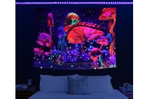 HOLAVIDA Mushroom Tapestry, Blacklight Moon and Stars Wall Hanging-UV Reactive for Bedroom Living Room(150cm×130cm
