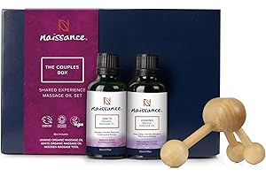 Naissance Coffret Cadeau Huile de Massage BIO The Couples Box Kit - Set 2 x 50ml Huiles & Masseur en Bois - Pour Femme & Homme Relaxante Romantique Naturel Coquin Plaisir Sensuel Erotique Chauffante