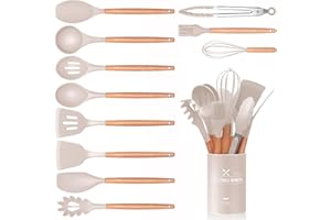 WILDONE 12 Stück Küchenhelfer Set, Silikon Küchenutensilien Set, Antihaft Hitzebeständiger Holzgriff Kochbesteck mit Utensilienhalter, Silikonspatel Kochgeschirr Set, Spülmaschinengeeignet (Khaki)