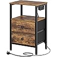 YATINEY Bedside Table with Charging Station, End Table with 2 Drawers and 2 Shelves, Nightstand with Outlet and USB Ports, Industrial Side Table for Living Room, Bedroom, Study, Rustic Brown XET02KBR