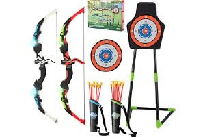SPOTRAVEL Kids Bow and Arrow Set, 2 Pack LED Light Up Archery Toy Set with 20 Suction Cup Arrows, 2 Quivers & Detachable Stan
