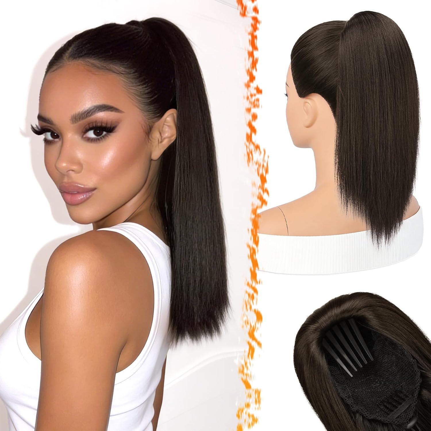 BARSDAR Liso Coleta Postiza Extensiones Pelo, 40cm Corta Liso Marrón Oscuro Cola de Caballo Extension con Cordón Natural Sintética Cheer Posh Ponytail Extensiones Postizos Fiestas Cheer Competition
