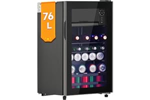 DRIXNO 76L Mini Kühlschrank mit Gefrierfach, Getränkekühlschrank mit Glastür, Klein Kühlschrank Getränke, 6L-Gefrierschrank + 70L-Kühlschrank, fasst bis zu 51 Dosen Limonade, Wasser, Bier, Wein.