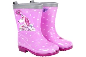 PERLETTI Bottes de Pluie Enfant Rose Pois Licorne Blanc - Bottines Fille Semelle Antidérapante Détails Réfléchissants - Galoches Chaussures Protection Neige Boue pour Fillette (Rose Poi