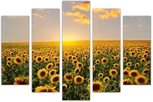 AREDE Set di 5 Stampe da Parete Quadri Moderni Decorazioni da Muro per Casa Soggiorno Camera da Letto e Cucina Campi di girasoli all'alba| 120 x 80 cm | Pronto da appendere