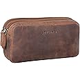 STILORD 'Eddie' Pencil Pouch Case Leather Pen Cases with 2 Zipped Compartments Vintage Pencil Bag Cosmetic Bag Organizer Genuine Leather, Colour:Middle Brown