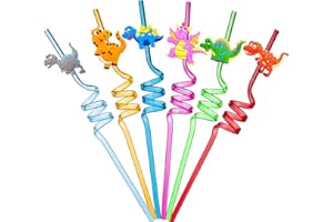 Ulife Mall 6 Stück Neuheit Dinosaurier Strohhalm Wiederverwendbare Plastik Strohhalme Lockige Party Trinkhalme Kinder Geburtstagsfeier Dekorationen Partybedarf