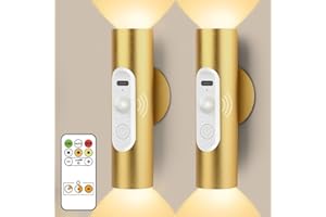 AMAGLE Magnetic Stick on Wall Lights Battery Operated, Wireless Wall Sconces Set of 2, Motion Sensor Night Light Indoor, USB Rechargeable Cordless with Remote Control, 3 Modes Dimmable, Golden Aluminum