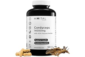 HIVITAL FOODS Cordyceps 14000 mg. 180 capsule vegane per 3 mesi di trattamento. Cordyceps Sinensis CS-4 con 40% di Polisaccaridi. Estratto Naturale di fungo. Prodotto in Europa da HIVITAL