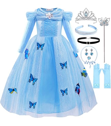 Costume Princesse Cendrillon Pour Fille 3-11 Ans - Robe Bleue Avec Gants, Manches Bouffantes Et Jupes En Tulle - Lavable à La Main