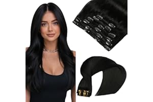 VINBAO Extension Capelli Veri Clip 100g, #1 Nero Jet Extension Clip Capelli Veri, Lisci Estensioni Dei Capelli Umani Reali 40cm, Remy Umani Naturali Capelli Extension con 6pcs (#C1, 16")
